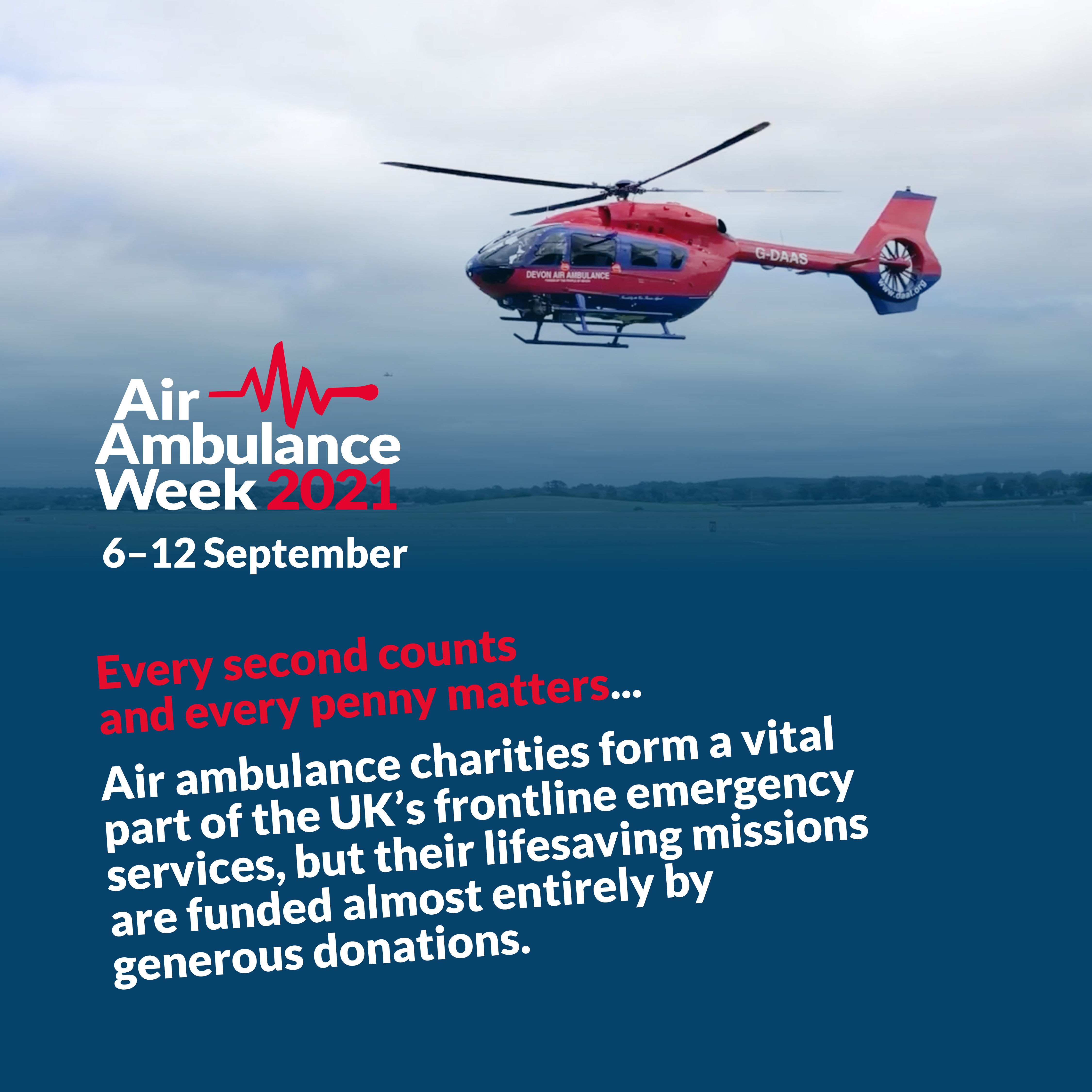 Air Ambulance poster with helicopter flying over lake.